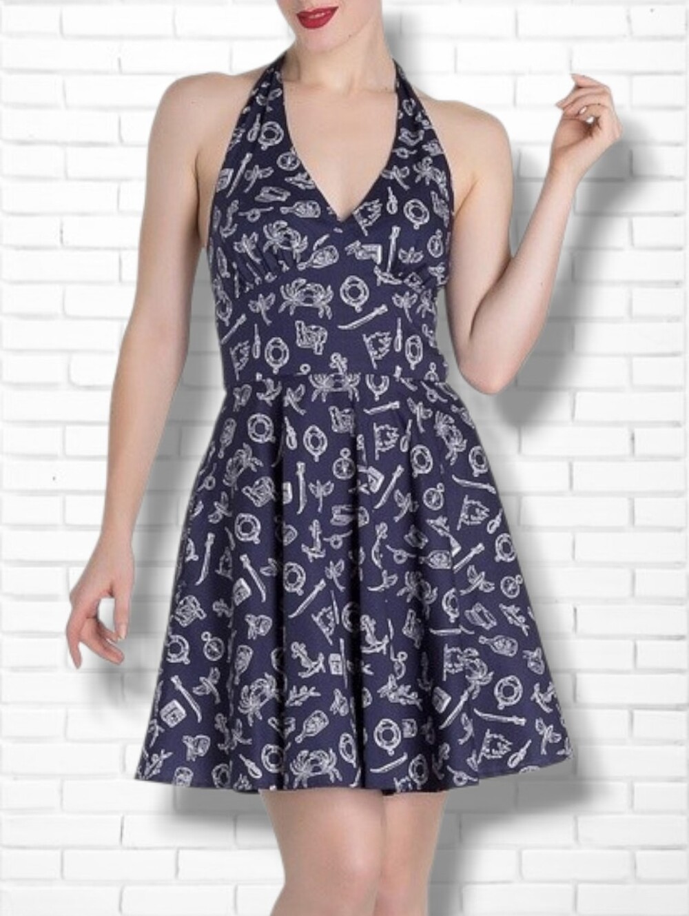 Hell Bunny Marin Sailor Navy Blue Nautical Print Halter Top Dress Size L
